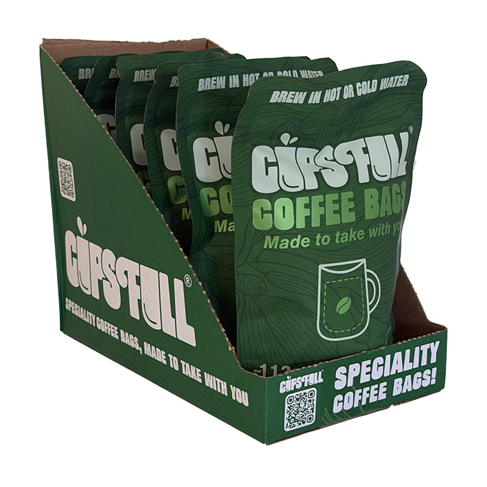 Cups Full Pace box of 6 pouches in a shelf-ready display carton