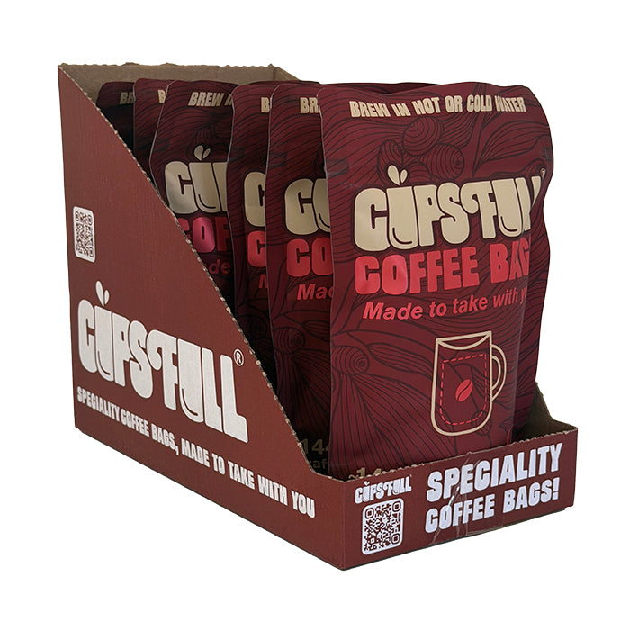 Cups Full Power box of 6 pouches in a shelf-ready display carton