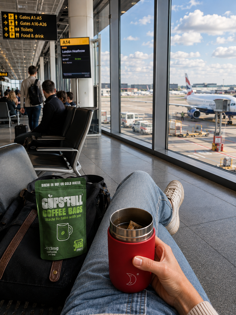 Traveller at an airport gate with a Cups Full Pace pouch and travel mug