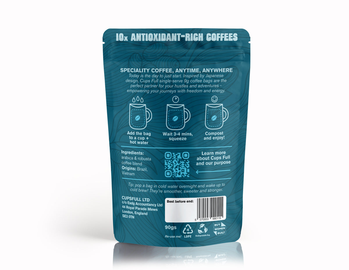 Back of the Cups Full Peace pouch showing brewing instructions and ingredients