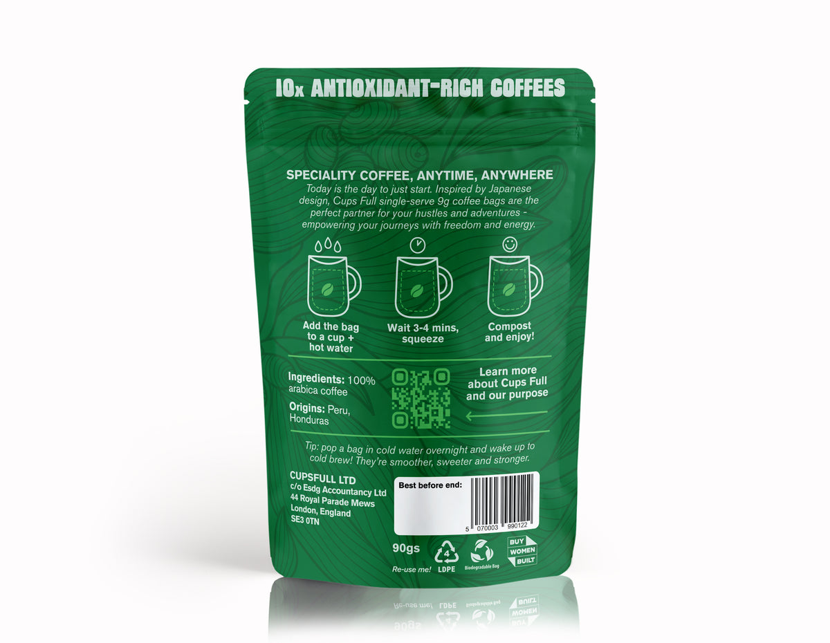 Back of the Cups Full Pace pouch showing brewing instructions and ingredients