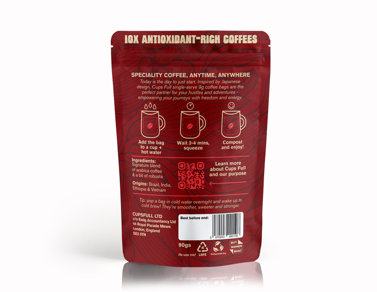 Back of the Cups Full Power pouch showing brewing instructions and ingredients
