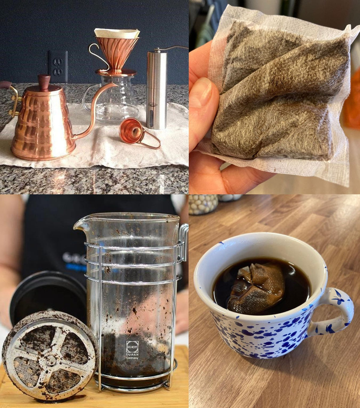 Pour-over and cafetière kit compared with a Cups Full coffee bag brewing in a cup